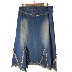 AS*HRO Boho Hippie Festival Blue Fringe Hem Denim Midi Skirt SZ L